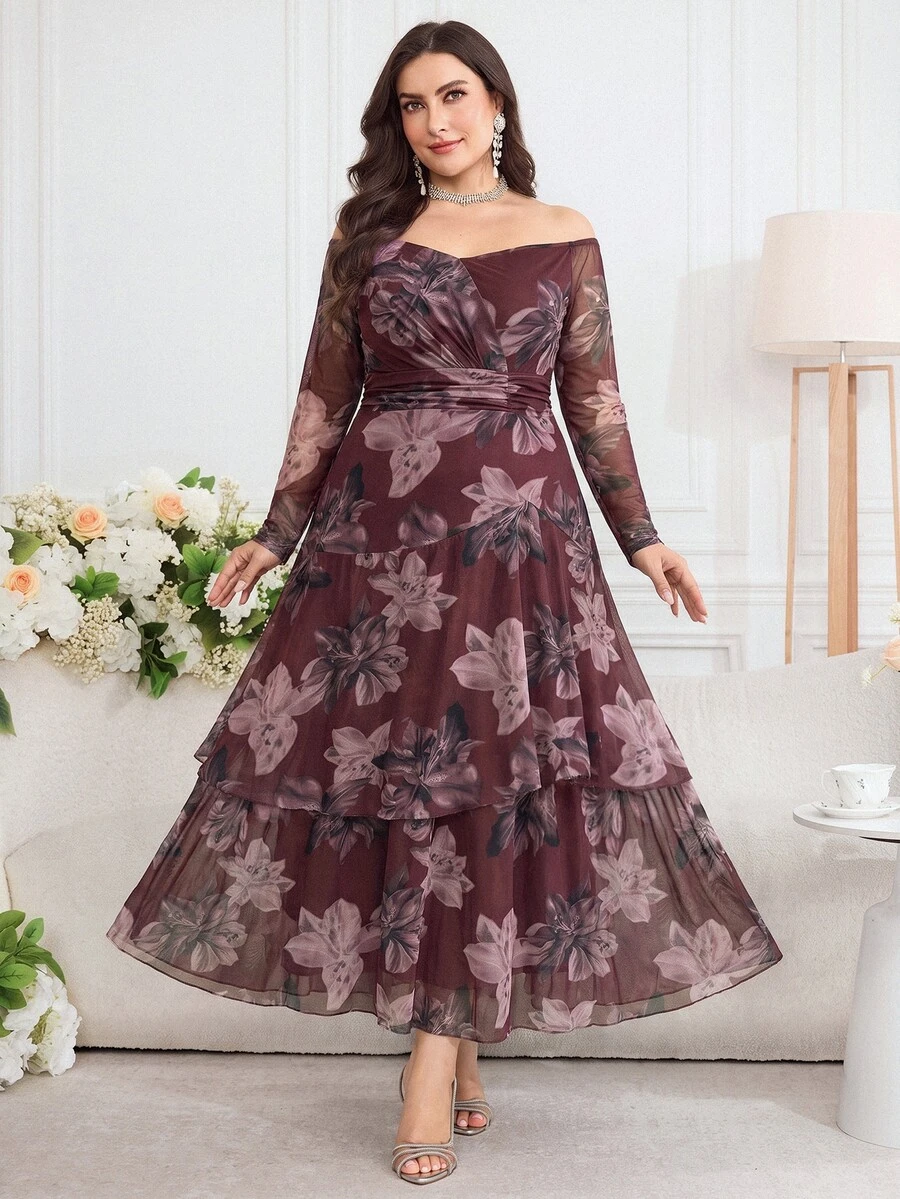 Modelyn Plus Size Women's Spring Summer Autumn Elegant Elegant Party Banquet Floral Print Off-Shoulder Cinched Waist Lightweight Dress - Multicolor - View 1