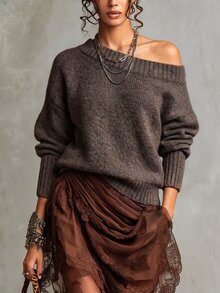 SHEIN 秋冬女款單肩鬆垮針織套頭衫 寬袖寬鬆版型 柔軟舒適保暖毛衣 - 咖啡棕 - 查看 4