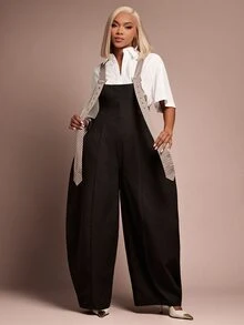 Vixey Contrast Stripe Wide Leg Overall Jumpsuit - Black - View 3