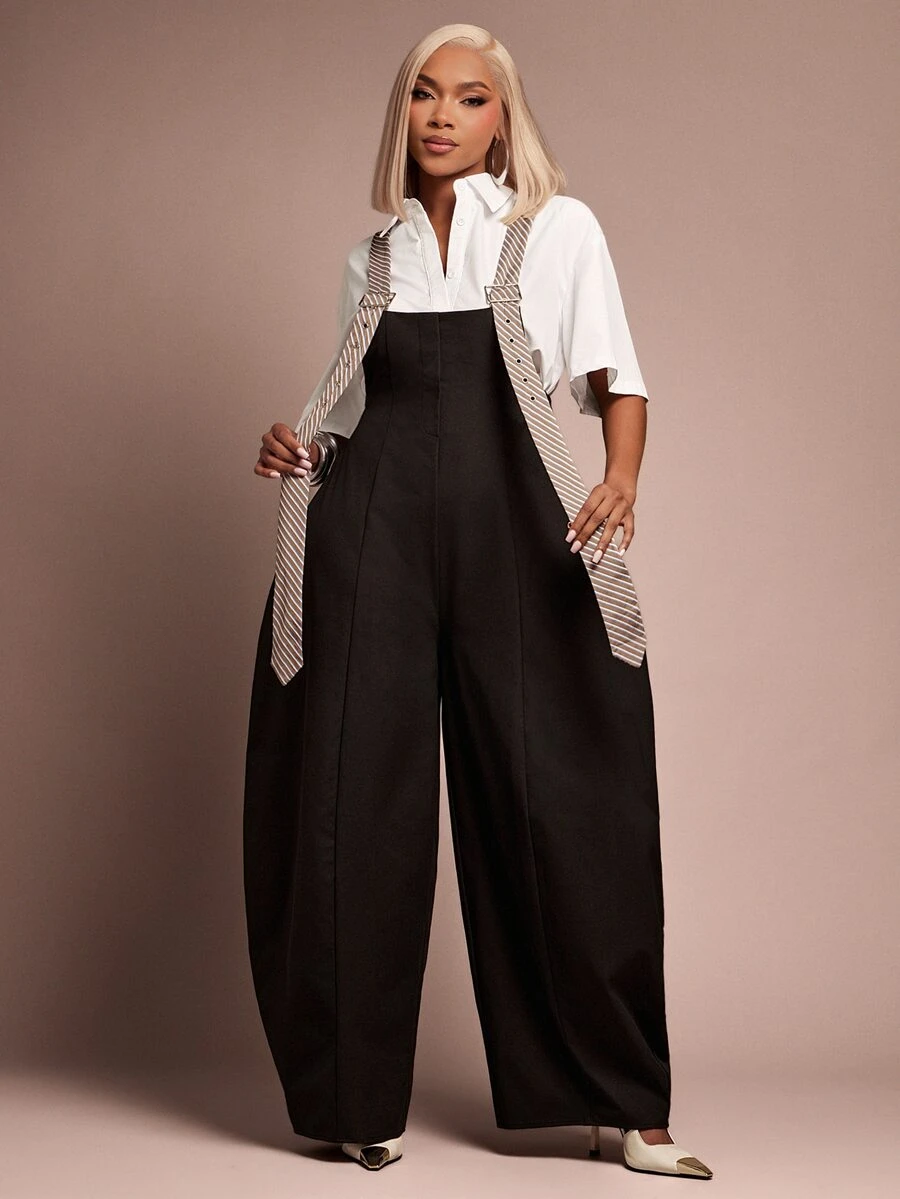 Vixey Contrast Stripe Wide Leg Overall Jumpsuit - Black - View 1
