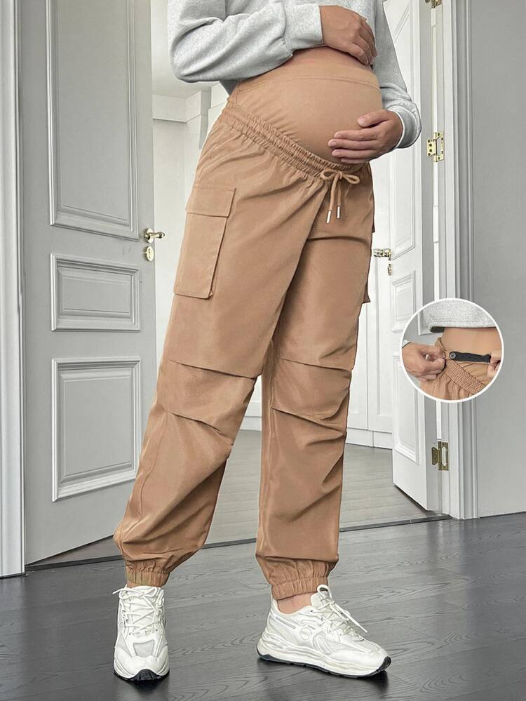 SHEIN Maternity Solid Color Adjustable Waist Casual Daily Long Pants - Khaki - View 1