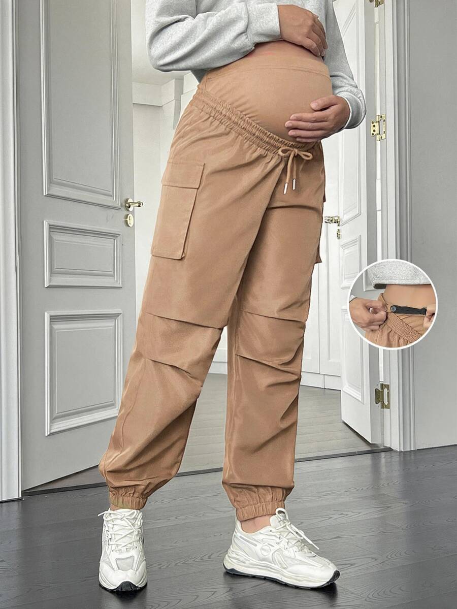 SHEIN Maternity Solid Color Adjustable Waist Casual Daily Long Pants - Khaki - View 1