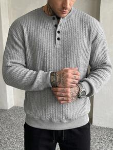 DAZY Spring/Autumn Round Neck Half-Zip Grey Floral Print Ribbed Cuff & Hem Pullover Sweatshirt For Men - Grey - View 1