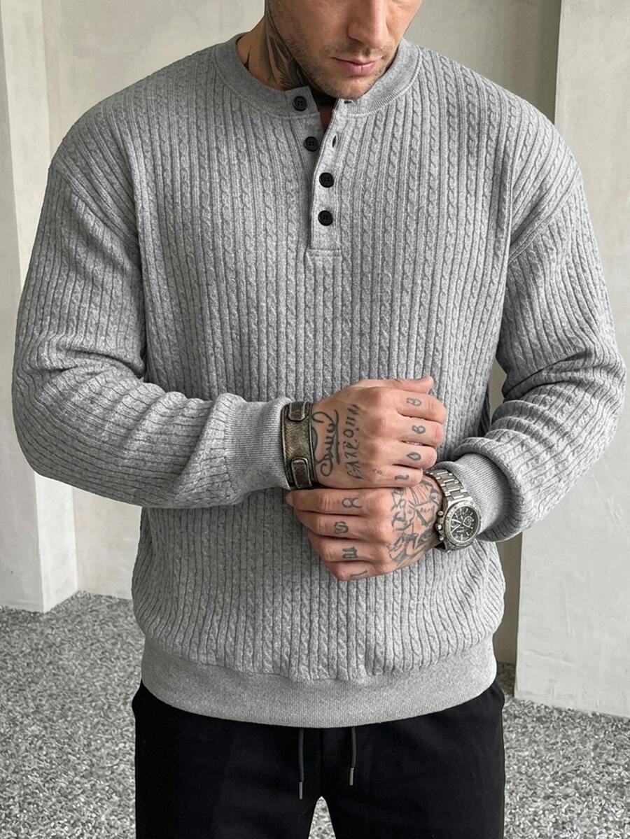 DAZY Spring/Autumn Round Neck Half-Zip Grey Floral Print Ribbed Cuff & Hem Pullover Sweatshirt For Men - Grey - View 1