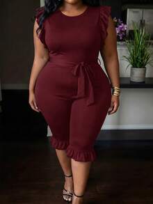 Slaydiva Women's Ruffle Sleeveless Fitted Cropped Jumpsuit With Belt, Black - Burgundy - View 3