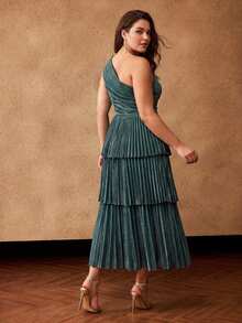 MOTF Soiréza PLUS SIZE WOMEN ONE SHOULDER SLEEVELESS PLEATED PATCHWORK MULTI-LAYER HEM ELEGANT COCKTAIL DRESS - Dark Green - View 5