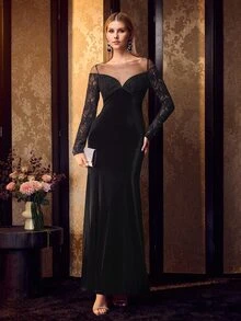 MOTF Soiréza WOMEN'S LACE PATCHWORK SQUARE NECK ELEGANT MERMAID EVENING DRESS - Black - View 6