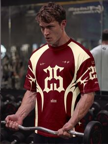 GymBeat Men's Burgundy Cream Color Block Short Sleeve T-Shirt, Gothic Letter Star Print Sports Jersey Style Loose Crew Neck Top - Multicolor - View 3