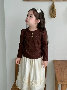 DAZY Atasan Kasual Lengan Panjang Berkerah Bulat Motif Bunga Kecil untuk Bayi Perempuan - Coffee Brown - View 7