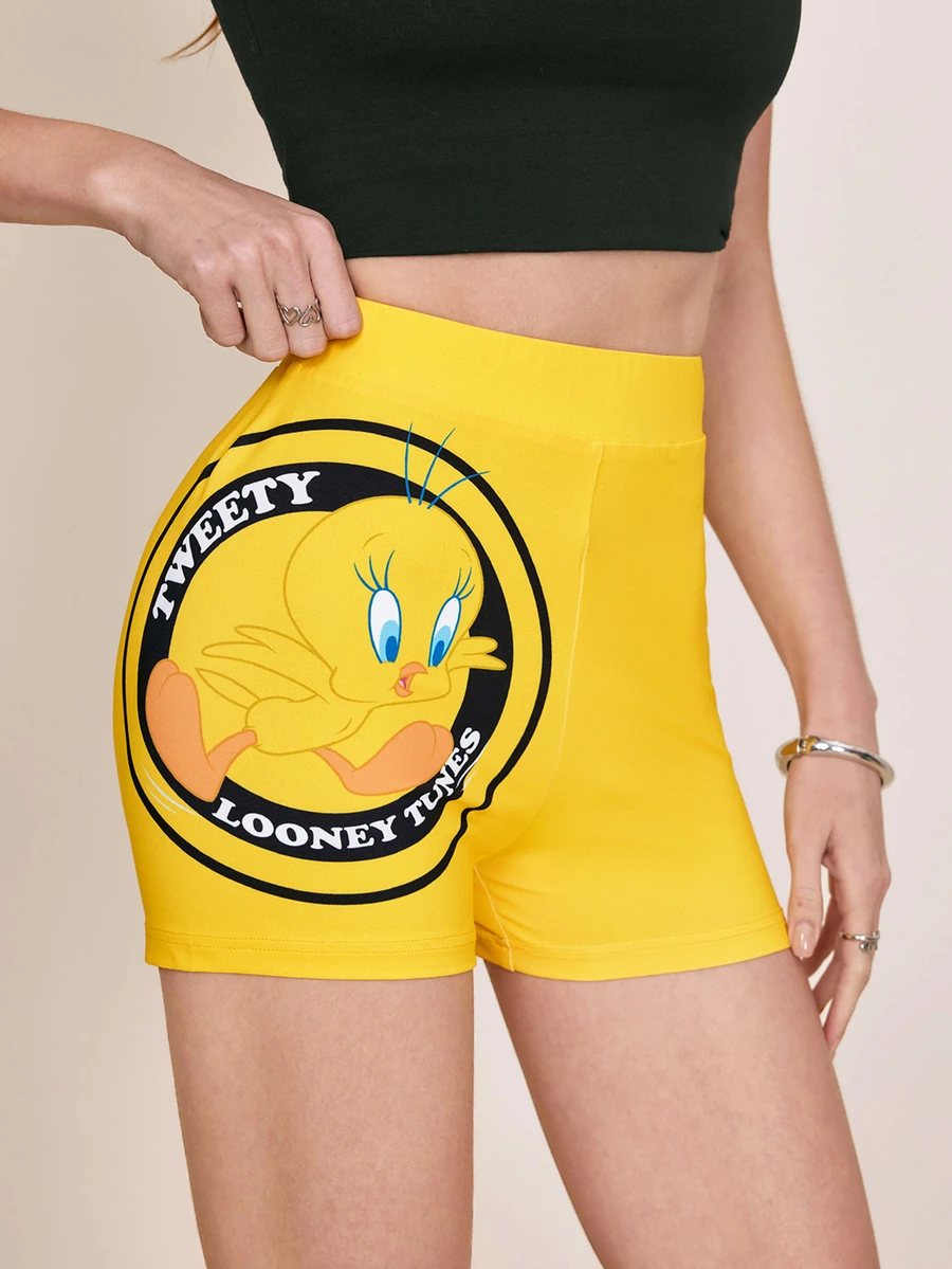 LOONEY TUNES X SHEIN Quần short cơ bản cạp cao in chữ cho nữ - Màu vàng - Xem 1