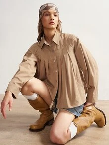 Bohemela Women's Solid Color Long Sleeve Pleated Design Single-Breasted Casual Regular Fit Jacket - Khaki - View 4