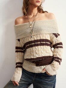 Bohemela Women's Striped Off-Shoulder Long Sleeve Cable Knit Fashion Sweater - Multicolor - View 2