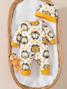 GARFIELD | SHEIN [Coffee Cat]1件+帽子 時尚趣味卡通咖啡貓圖案拼色圓領長袖連身衣，附可愛卡通咖啡貓圖案帽子，柔軟舒適 2件居家服套裝 - 黃色 - 查看 2