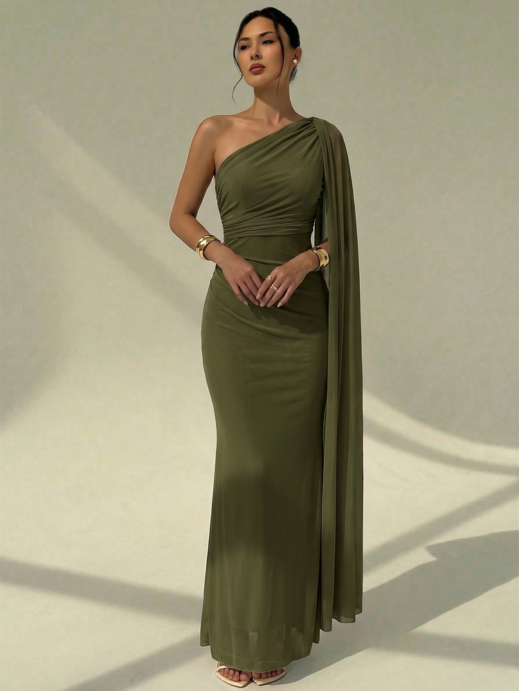 Aloruh Romantic Elegant Ruched Waist Tie Neck Fitted Dress One Sleeve Goddess One Shoulder Mint Green Formal Wedding Dinner Official Summer - Army Green - View 5