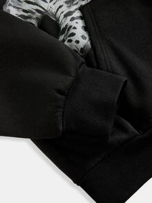 SHEIN 青少年女孩秋冬黑色街頭休閒豹紋拉鍊連帽衛衣外套，復古龐克 Y2K 哥德風 - 黑色 - 查看 6