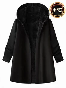 SHEIN Clasi 女款優雅厚實保暖內裡長袖連帽外套，黑色，冬季休閒場合外衣，大尺碼保暖填充外套，適合露營與徒步 - 黑色 - 查看 5
