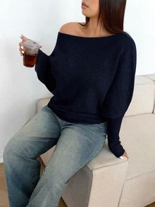 Sunnyshic Plus Size Sexy Off-Shoulder Solid Color Knit Sweater Fall - Navy Blue - View 5