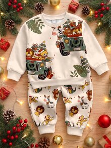 Infant Round Neck Long Sleeve Long Pants Casual Comfortable Set, Classic Christmas Pattern Print, Classic Cute Tiger Pattern Print, Christmas Tree Sloth Pattern Print, Classic Christmas Crocodile Pattern Print, Classic Animal Santa Claus Pattern Print, Classic Christmas Gift Pattern Print, Suitable For Christmas, Suitable For Autumn/Winter - Multicolor - View 4