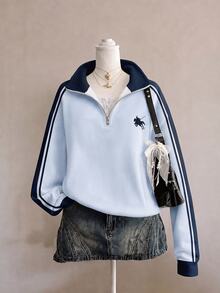 粉綠色青少年女孩休閒復古時尚拼色運動條紋半拉鍊落肩衛衣，適合秋冬日常穿著、校園、美式復古街頭風，甜酷慵懶隨性時尚 - 彩色 - 查看 1