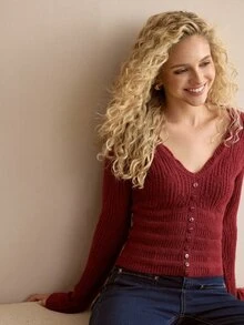 MOTF PREMIUM WOMEN'S SOLID COLOR V-NECK CASUAL DAILY CARDIGAN - Burgundy - View 3