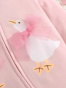 Cozy Pixies 新生兒嬰兒睡衣 卡通動物甜美可愛小鴨圖案 3D網格蝴蝶結設計 圓領長袖針織抓絨長褲 百搭舒適 - 粉色 - 查看 5