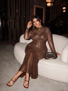 Firerie Plus Size Elegant Sequin Pleated Dress For Evening Party - Coffee Brown - View 3