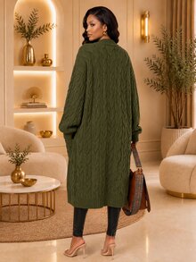 SHEIN Lady Women's Cable Knit Drop Shoulder Long Sleeve Pocket Design Casual Long Cardigan - Black - View 2