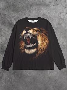 GymBeat Men's Crew Neck Workout Long Sleeve T-Shirt, Roaring Lion Rhinestone Effect Print Loose Gym Training Top - Multicolor - View 4