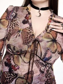 ROMWE Fairycore Vintage Vacation Butterfly Print Front Tie Frill Trim Plus Size Women's Top - Multicolor - View 2