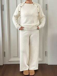 Dazy Plus Plus Size Women Solid Color Long Sleeve Top And Pants Knit 2 Pieces Set - White - View 7