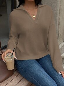 Autumina 女款純色V領寬鬆大碼針織毛衣，長袖上衣，秋冬針織套頭衫 - 淺灰色 - 查看 4