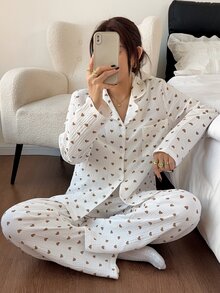 Napfluff Heart Print Lapel Long Sleeve Long Pants Pajama Set - Beige - View 4
