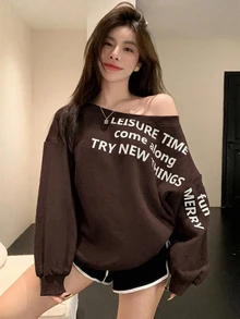 Joudiya 女款寬鬆大尺寸不對稱字母印花保暖內裡運動衫，長袖上衣，秋季服飾，保暖內裡 - 棕色 - 查看 4
