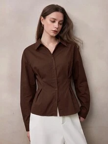 Zovinel 女款素色休閒百搭日常長袖襯衫 - 紫紅色 - 查看 6