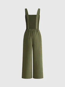 ROMWE Hippie Vintage Mori Style Floral Embroidered Overall Jumpsuit - Dark Green - View 2