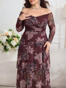 Modelyn Plus Size Women's Spring Summer Autumn Elegant Elegant Party Banquet Floral Print Off-Shoulder Cinched Waist Lightweight Dress - Multicolor - View 4