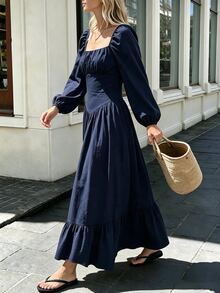 TaskSense Đầm nữ màu xanh navy cổ vuông xếp ly eo chiết tay dài, phù hợp cho mùa xuân/hè, đi biển nghỉ dưỡng - Màu xanh hải quân - Xem 6