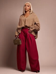 Vixey Women's Versatile Pleated Loose Long Pants For Daily Wear - Red - View 3