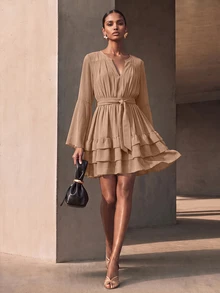 Vesra Women's Solid Color Notch V-Neck Bell Sleeve Fashion Short Dress - Khaki - View 1