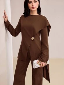Veilorie 女款純色圓領長袖上衣，金屬腰部裝飾，優雅辦公晚餐風，秋季棕色調 - 咖啡棕 - 查看 5