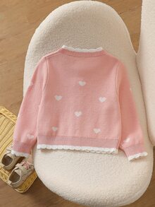 SHEIN 女童粉色愛心印花圓領長袖前開扣針織開襟衫 - 粉色 - 查看 2