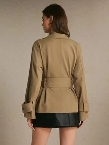 Poéselle Women's Solid Color Long Sleeve Zip-Up Casual Trench Coat Winter Jacket Khaki Belted Utility Trench Jacket, Zip-Front Long Sleeve Safari Coat - Khaki - View 4