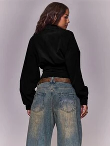MUSERA Áo khoác dáng ôm cổ đứng cài nút, eo bo gân, phong cách đường phố cá tính, màu wash, casual, phù hợp mùa đông, xuân, đi chơi ngoài trời, hằng ngày, nightlife và du lịch nghỉ dưỡng - màu đen - Xem 4