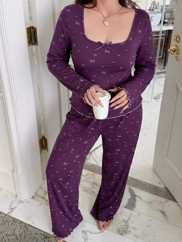 Dazy Plus 2pcs Bow Print Square Neck Fitted Long Sleeve T-Shirt & Straight Leg Long Pajama Pants Set Fall - Red Violet - View 3