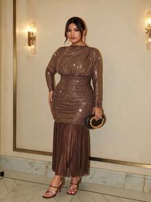 Firerie Plus Size Elegant Sequin Pleated Dress For Evening Party - Coffee Brown - View 4