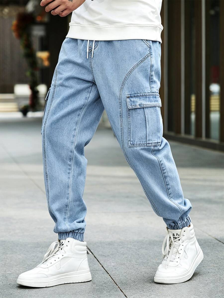 Manfinity Denimwave 男士休閒百搭日常穿著工作牛仔長褲 - 淺色水洗藍 - 查看 1