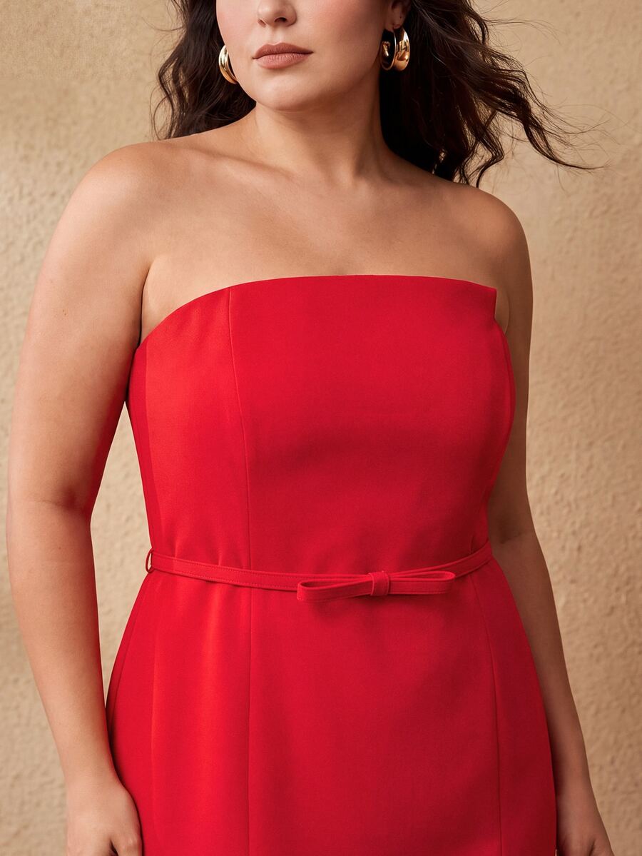 MOTF PREMIUM PLUS SIZE WOMEN SOLID COLOR CASUAL PARTY STRAPLESS DRESS - Red - View 2