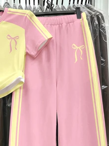 復古甜美多巴胺風奶油黃與奶油粉對比色運動風，BM芭蕾風蝴蝶結圖案，青少年女孩休閒度假夏季兩件套，日常通勤、約會、派對、秋冬、海灘、畢業、時尚、休閒、出遊、度假 - 彩色 - 查看 5
