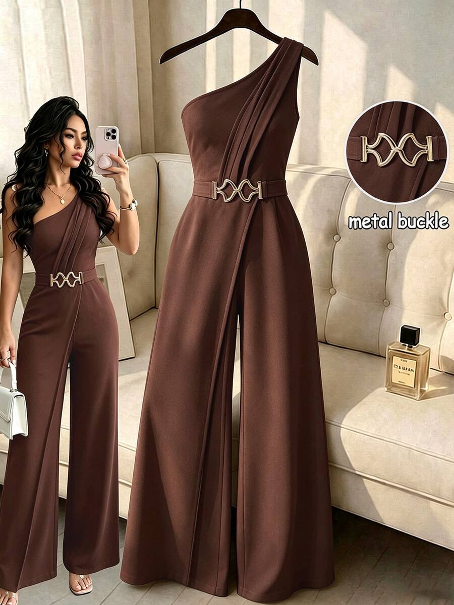 Elenzga Women's One-Shoulder Jumpsuit With Metal Buckle Waist Design - Mocha Brown - View 1
