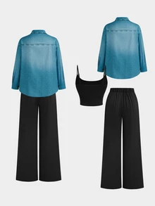 Sweetra CURVE Plus Size Casual Denim Effect Shirt & Pants & Camisole 3 Pieces Set Fall - Multicolor - View 2